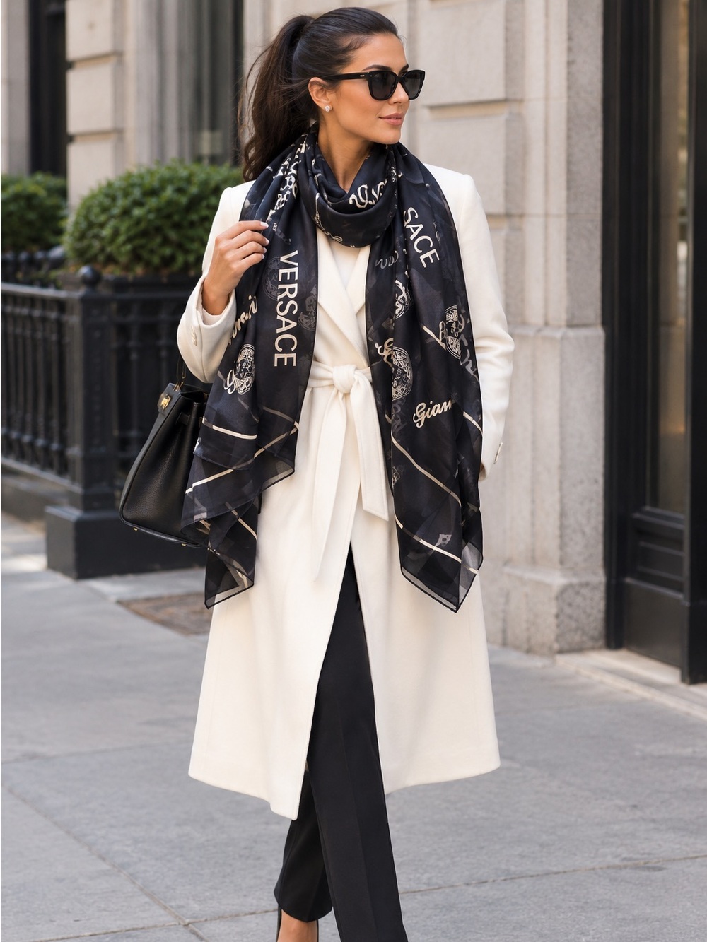 Silk Gianni Versace “Plenty of Logo” Black and White Scarf Wrap with Medusa Coin